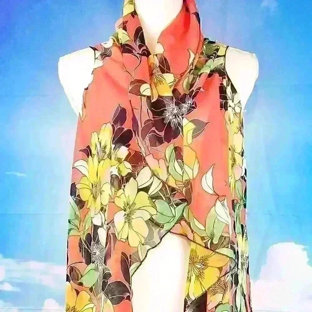 ORANGE FLORAL Beach Cover Sheer Open front Long Shawl LIGHTWEIGH Shrug One Size